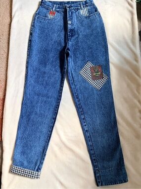 High-Waist Patchwork Dark Blue Denim Jeans with Gingham Accents